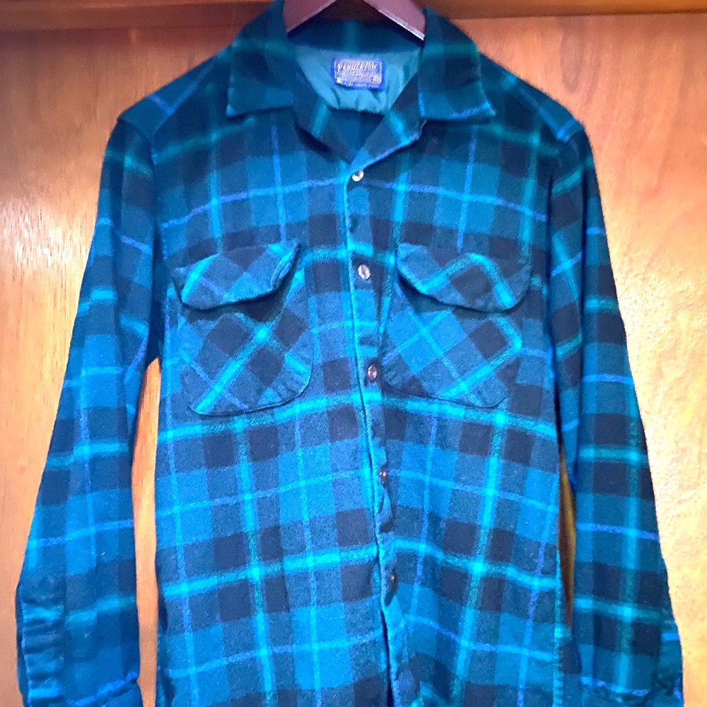 Vintage 70's~Pendleton Woolen Mills~Pure 100% Virgin Wool Green & Blue Plaid